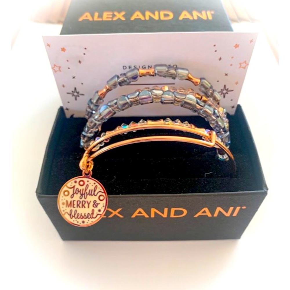 Brand New Set of 5 Alex & Ani “Joyful, Merry & Blessed” Bangle Bracelets